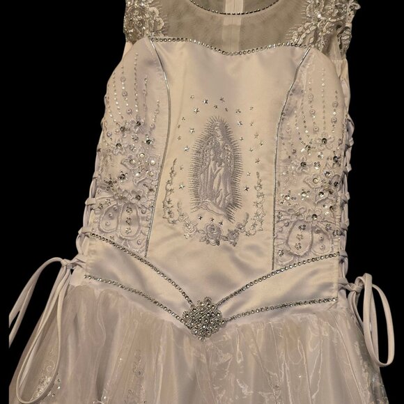 Tip Top Kids Quinceañera Dress Virgin Mary Sz 14 White Embroidery Rhinestones - Picture 3 of 12